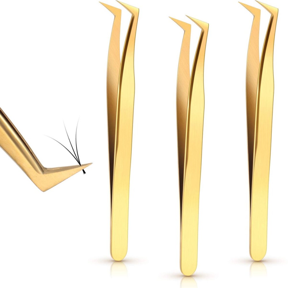3 Pieces Volume Tweezers Eyelash Extension Tweezers Curved 6A Tip False Lash Tweezers Stainless Steel Precision Tweezers for Individual and 3D 6d Volume Eyelash Extension (Gold)