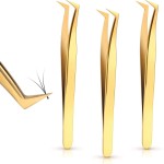 3 Pieces Volume Tweezers Eyelash Extension Tweezers Curved 6A Tip False Lash Tweezers Stainless Steel Precision Tweezers for Individual and 3D 6d Volume Eyelash Extension (Gold)