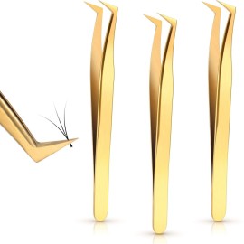 3 Pieces Volume Tweezers Eyelash Extension Tweezers Curved 6A Tip False Lash Tweezers Stainless Steel Precision Tweezers for Individual and 3D 6d Volume Eyelash Extension (Gold)