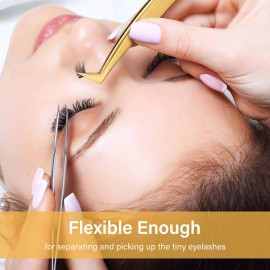 3 Pieces Volume Tweezers Eyelash Extension Tweezers Curved 6A Tip False Lash Tweezers Stainless Steel Precision Tweezers for Individual and 3D 6d Volume Eyelash Extension (Gold)
