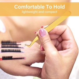 3 Pieces Volume Tweezers Eyelash Extension Tweezers Curved 6A Tip False Lash Tweezers Stainless Steel Precision Tweezers for Individual and 3D 6d Volume Eyelash Extension (Gold)