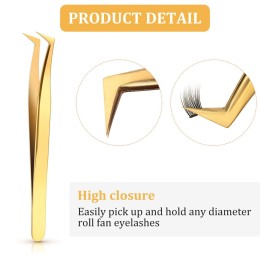 3 Pieces Volume Tweezers Eyelash Extension Tweezers Curved 6A Tip False Lash Tweezers Stainless Steel Precision Tweezers for Individual and 3D 6d Volume Eyelash Extension (Gold)