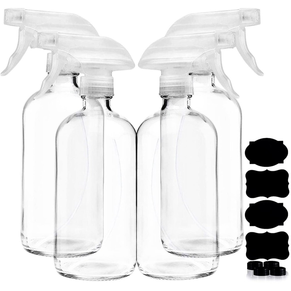 Clear Glass Spray Bottles For Cleaning Solutions (4 Pack) - 16 Ounce, Refillable & Reusable Sprayer for Essential Oil, Water, Kitchen, Hair. Durable Black Trigger Sprayer w/Mist and Stream Settings
