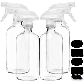 Clear Glass Spray Bottles For Cleaning Solutions (4 Pack) - 16 Ounce, Refillable & Reusable Sprayer for Essential Oil, Water, Kitchen, Hair. Durable Black Trigger Sprayer w/Mist and Stream Settings