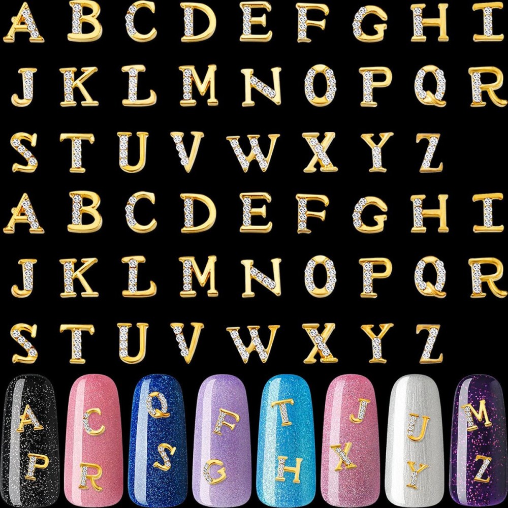 Maitys 104 Pieces Letter Nail Studs 3D Capital Charms Letters and Rhinestone Crystal Nail Decals English Alphabet Fingernail Art Decoration for Women Female DIY Fingernail Art(Gold)