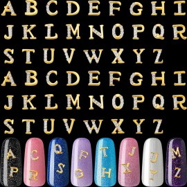Maitys 104 Pieces Letter Nail Studs 3D Capital Charms Letters and Rhinestone Crystal Nail Decals English Alphabet Fingernail Art Decoration for Women Female DIY Fingernail Art(Gold)