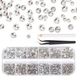 CCINEE Clear Flatback Rhinestone,8 Mixed Size Crystal Rhinestone with Tweezer and Picking Pen for Nail Craft,2500PCS