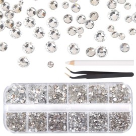 CCINEE Clear Flatback Rhinestone,8 Mixed Size Crystal Rhinestone with Tweezer and Picking Pen for Nail Craft,2500PCS