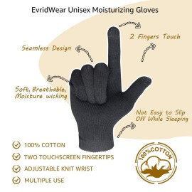 Evridwear Men Moisturizing Cotton Gloves with Touchscreen Fingertips for Eczema Beauty Cosmetic Dry Hands Sensitive Irritated Skin Therapy Overnight Bedtime, 6 Pairs, Lightweight-Black, XS