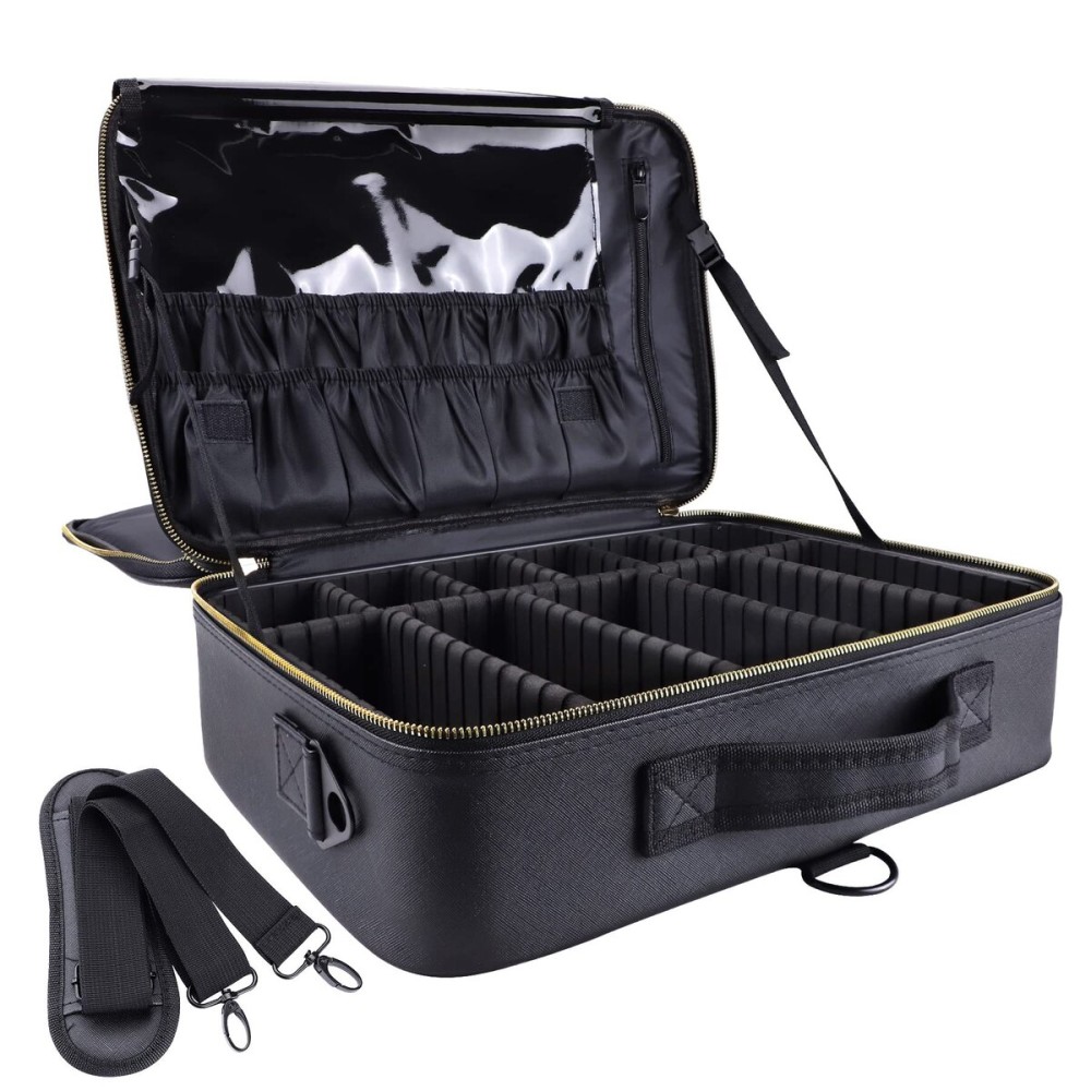 Oewoer Travel Makeup Train Case, PU Leather Professional Makeup Case with Adjustable Strap Portable Cosmetic Organizer Artist Storage Bag for Toiletry Jewelry Digital Accessories (L-Black)