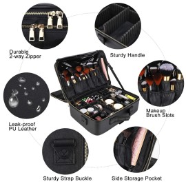 Oewoer Travel Makeup Train Case, PU Leather Professional Makeup Case with Adjustable Strap Portable Cosmetic Organizer Artist Storage Bag for Toiletry Jewelry Digital Accessories (L-Black)