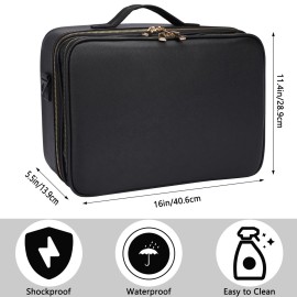 Oewoer Travel Makeup Train Case, PU Leather Professional Makeup Case with Adjustable Strap Portable Cosmetic Organizer Artist Storage Bag for Toiletry Jewelry Digital Accessories (L-Black)