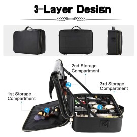 Oewoer Travel Makeup Train Case, PU Leather Professional Makeup Case with Adjustable Strap Portable Cosmetic Organizer Artist Storage Bag for Toiletry Jewelry Digital Accessories (L-Black)