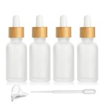 4 Pcs Bamboo Frosted Glass Eye Dropper Bottle,Empty Essential Oil Bottles With Pure Glass Pipettes,Bamboo Cap Makeup Travel Cosmetic Sample Container-Pipette&Funnel included (30ml/1 Ounce)