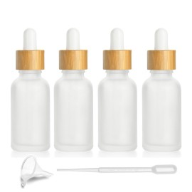 4 Pcs Bamboo Frosted Glass Eye Dropper Bottle,Empty Essential Oil Bottles With Pure Glass Pipettes,Bamboo Cap Makeup Travel Cosmetic Sample Container-Pipette&Funnel included (30ml/1 Ounce)