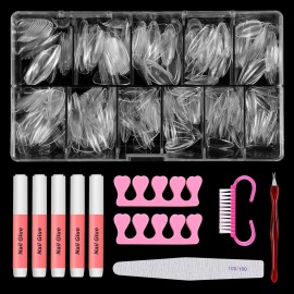 Nail Tips And Glue Acrylic Nails Set - Press On Nails Set 500PCS Short Stiletto Nail Tips Clear Full Cover False Nails Set 5PCS Nail Glues, 1PC Nail File, 1 Pc Cuticle Fork, Sponge Seperator With Case