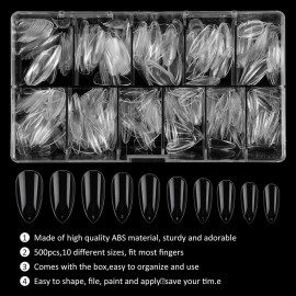 Nail Tips And Glue Acrylic Nails Set - Press On Nails Set 500PCS Short Stiletto Nail Tips Clear Full Cover False Nails Set 5PCS Nail Glues, 1PC Nail File, 1 Pc Cuticle Fork, Sponge Seperator With Case