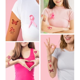 Pink Ribbon Temporary Tattoos Breast Cancer Awareness Tattoos,Fake Waterproof Pink Ribbon Tattoos Breast Cancer Awareness Party Favor Supplies(8 Sheets)
