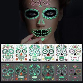Halloween Temporary Face Tattoos, 6 sheets Glow in the Dark Tattoos Sugar Skull Stickers Day of The Dead Makeup, for Masquerade and Parties