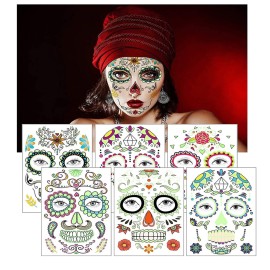 Halloween Temporary Face Tattoos, 6 sheets Glow in the Dark Tattoos Sugar Skull Stickers Day of The Dead Makeup, for Masquerade and Parties