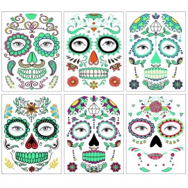 Halloween Temporary Face Tattoos, 6 sheets Glow in the Dark Tattoos Sugar Skull Stickers Day of The Dead Makeup, for Masquerade and Parties