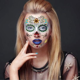 Halloween Temporary Face Tattoos, 6 sheets Glow in the Dark Tattoos Sugar Skull Stickers Day of The Dead Makeup, for Masquerade and Parties