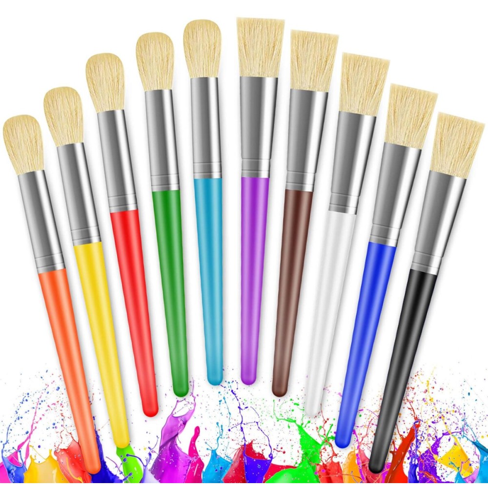 Paint Brushes for Kids, 10 Pcs Big Washable Chubby Toddler Paint Brushes, Easy to Clean & Grip Round and Flat Preschool Paint Brushes with No Shed Bristle for Acrylic Paint, Washable Paint