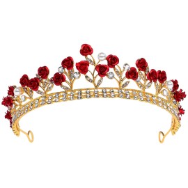 Red Rose Bridal Tiara Bride Headdress Alloy Rhinestone Wedding Crown for Prom, Pageant, Birthday, Party, and Halloween
