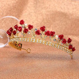 Red Rose Bridal Tiara Bride Headdress Alloy Rhinestone Wedding Crown for Prom, Pageant, Birthday, Party, and Halloween Red Rose Bridal Tiara Bride Headdress Alloy Rhinestone Wedding Crown for Prom, Pageant, Birthday, Party, and Halloween