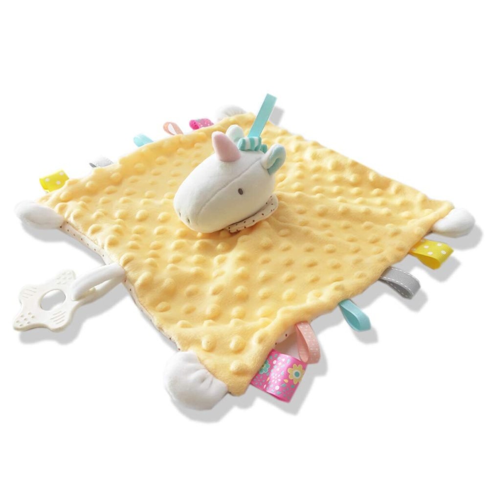 Upalupa Unicorn Security Blanket Soft Yellow Baby Lovey Tags Blanket with Silicone Teether Toy Unisex Lovie Gift for Toddler 11 Inch