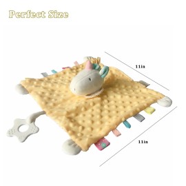 Upalupa Unicorn Security Blanket Soft Yellow Baby Lovey Tags Blanket with Silicone Teether Toy Unisex Lovie Gift for Toddler 11 Inch