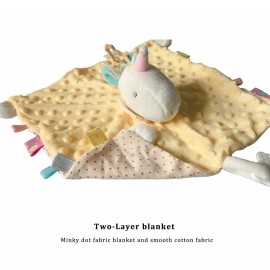 Upalupa Unicorn Security Blanket Soft Yellow Baby Lovey Tags Blanket with Silicone Teether Toy Unisex Lovie Gift for Toddler 11 Inch