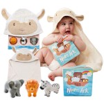 Tickle & Main 5 Pieces Noah\'s Ark Registry Gift Sets for 0-12 Months Baby, Newborn Hooded Towel Set, Storybook with 3 Squirt Toys