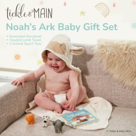 Tickle & Main 5 Pieces Noah\'s Ark Registry Gift Sets for 0-12 Months Baby, Newborn Hooded Towel Set, Storybook with 3 Squirt Toys