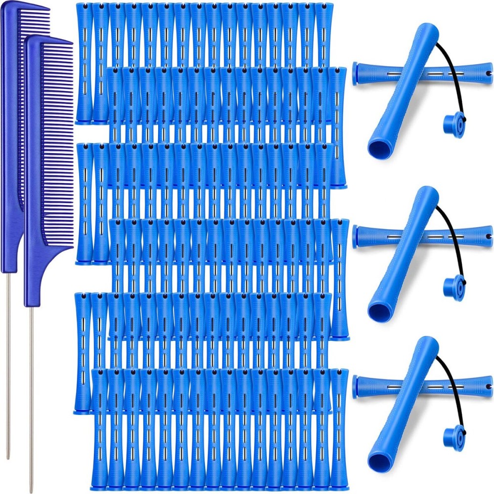 96 Pieces Hair Perm Rods, Cold Wave Rods Plastic Perming Rods Heatless Curlers Rollers with 2 Steel Pintail Comb Rat Tail Comb for Hairdressing Styling Tools (Blue,0.35 Inch/ 0.9 cm)