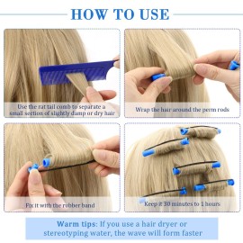 96 Pieces Hair Perm Rods, Cold Wave Rods Plastic Perming Rods Heatless Curlers Rollers with 2 Steel Pintail Comb Rat Tail Comb for Hairdressing Styling Tools (Blue,0.35 Inch/ 0.9 cm)