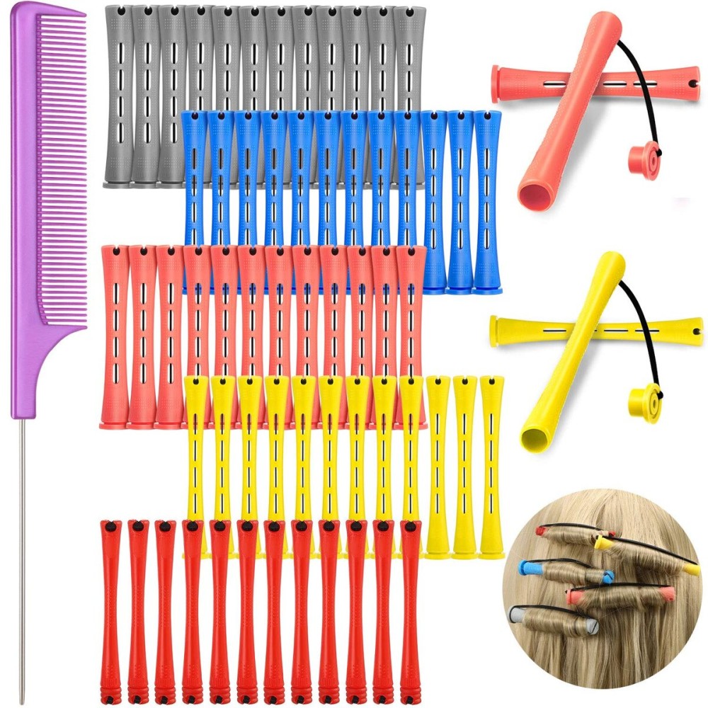 WILLBOND 60 Pieces Hair Perm Rods Set Plastic Cold Wave Perming Rods Hair Curling Rollers with Rat Tail Comb for Hairdressing(Bright Color,Assorted Size)