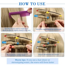 WILLBOND 60 Pieces Hair Perm Rods Set Plastic Cold Wave Perming Rods Hair Curling Rollers with Rat Tail Comb for Hairdressing(Bright Color,Assorted Size)