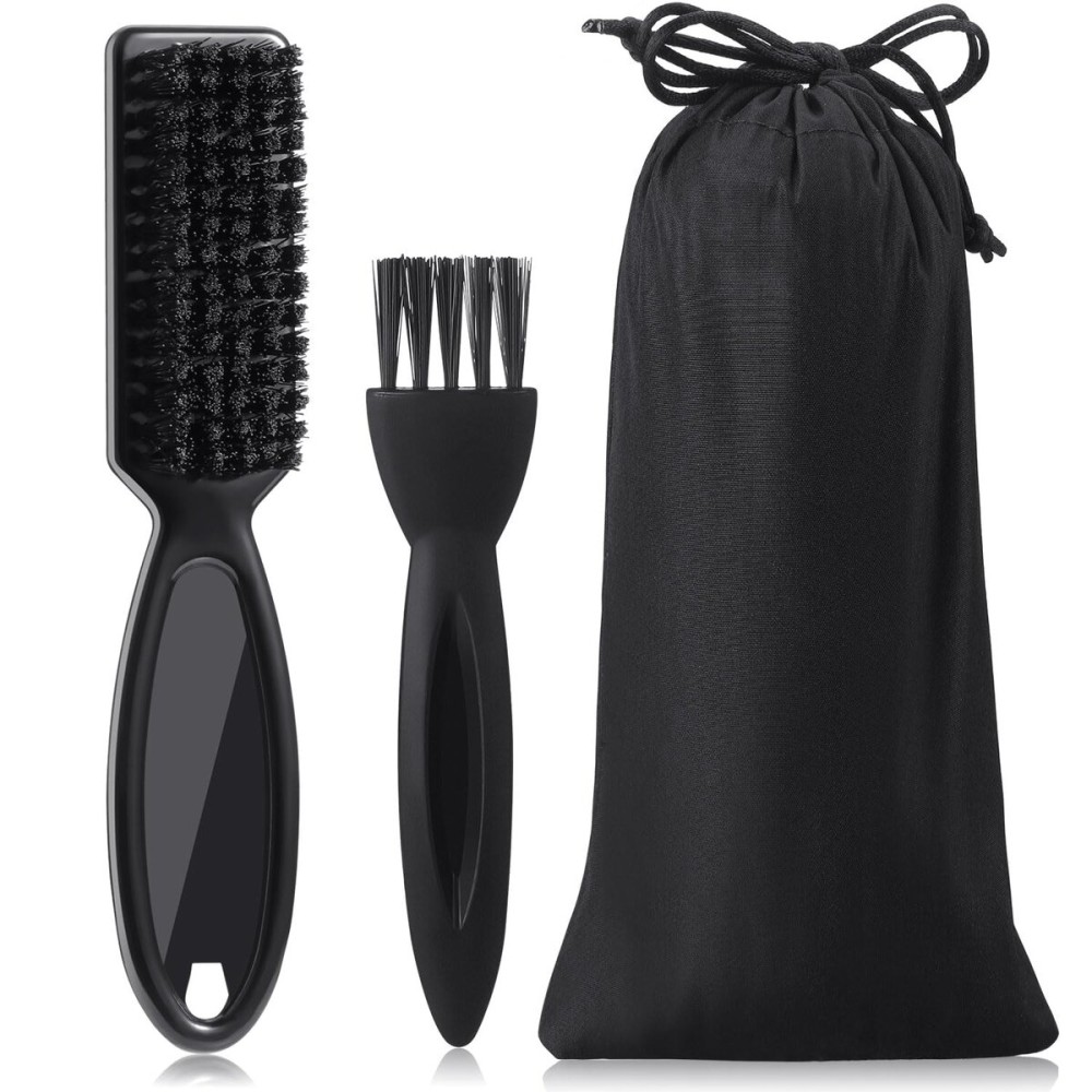 Patelai 2 Pieces Hairdressing Barber Clipper Brush Tools Set, Shaver Razor Trimmer Cleaning Brush with Drawstring Storage Pouch(Black)