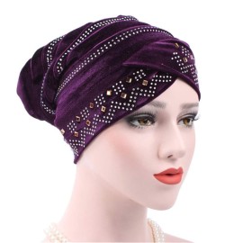 Bohend Rhinestone Turban Headband Sleep Headwrap Wide Sparkly Sleep Crystal Muslim Hat Headwear Beanie Velvet Hat Cap Hair Wrap for Women and Girls (Deep Purple)