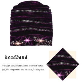 Bohend Rhinestone Turban Headband Sleep Headwrap Wide Sparkly Sleep Crystal Muslim Hat Headwear Beanie Velvet Hat Cap Hair Wrap for Women and Girls (Deep Purple)