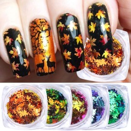 Maple Leaf Glitters & Stickers - Holographic Fall Sequins Flakes Paillette Nail Art Supplies - 5 Boxes