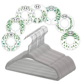 Baby Hangers and Closet Size Dividers - 7X Botanical Clothing Dividers with 20x Velvet Hangers for Baby Closets - Nursery Clothes Organizer - Eucalyptus Vines Leaf Plant Greenery Dcor [Botanical]