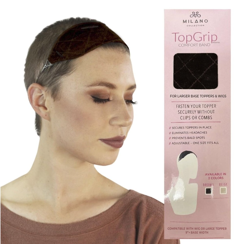 MILANO COLLECTION Glueless Top Grip for Hair Topper & Wiglets, Adjustable Translucent Strap with Side Openings, Top Headband for Your Wig or Topper, Includes Clips, Brown, Large