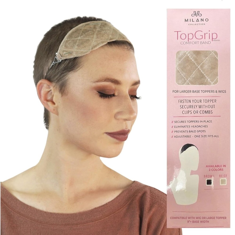 MILANO COLLECTION Glueless Top Grip for Hair Topper & Wiglets, Adjustable Translucent Strap with Side Openings, Top Headband for Your Wig or Topper, Includes Clips, Beige, Large