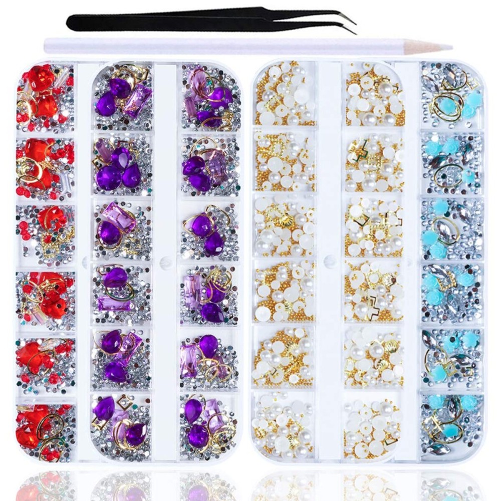 SILPECWEE 4 Boxes 3D Nail Art Decoration Set Flat-black Rhinestone Metal Nail Beads Pearls Nail Crystal Clear Manicure Jewelry With 1Pc Tweezers And Picker Pencil SILPECWEE 4 Boxes 3D Nail Art Decoration Set Flat-black Rhinestone Metal Nail Beads Pearls Nail Crystal Clear Manicure Jewelry With 1Pc Tweezers And Picker Pencil
