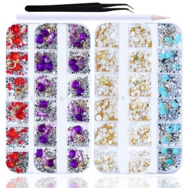 SILPECWEE 4 Boxes 3D Nail Art Decoration Set Flat-black Rhinestone Metal Nail Beads Pearls Nail Crystal Clear Manicure Jewelry With 1Pc Tweezers And Picker Pencil SILPECWEE 4 Boxes 3D Nail Art Decoration Set Flat-black Rhinestone Metal Nail Beads Pearls Nail Crystal Clear Manicure Jewelry With 1Pc Tweezers And Picker Pencil