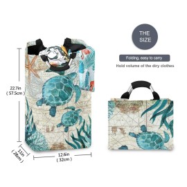 Vintage Ocean Sea Turtle Starfish Map Large Storage Basket with Handles Collapsible Organizer Bin Laundry Hamper for Nursery Clothes Toys