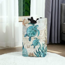 Vintage Ocean Sea Turtle Starfish Map Large Storage Basket with Handles Collapsible Organizer Bin Laundry Hamper for Nursery Clothes Toys