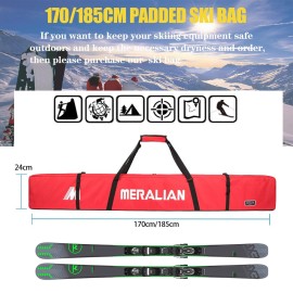 MERALIAN Padded Ski Bag,Waterproof Full Padded Single Ski Travel Bag with Adjustable Shoulder Strap. (RED, 185CM)